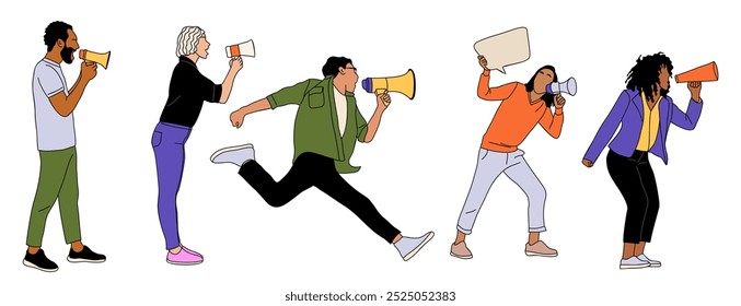 Set of different people shouting through megaphone