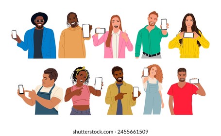 Set of different people showing mobile phone screen. Multiethnic Men, women holding smartphone with blank screen. Phone mockup. Flat vector cartoon illustrations isolated. Hand made, not AI generated.