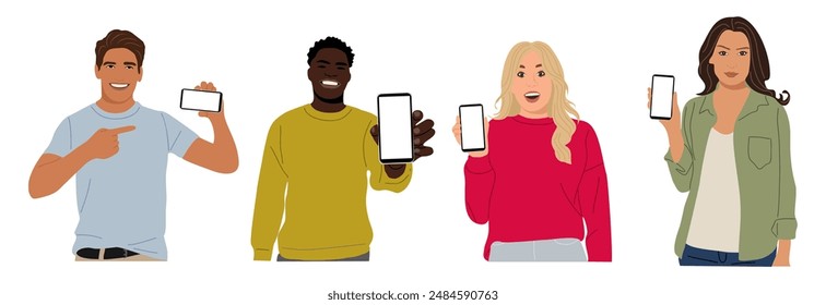 Set of different people showing mobile phone screen. Multiethnic Men, women holding smartphone with blank screen. Phone mockup. Flat vector cartoon illustrations isolated on white background.