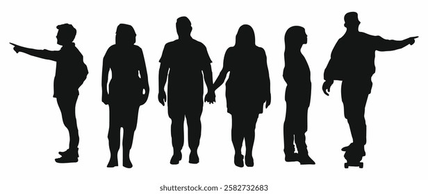 Set of different people silhouettes. Men, women, couple standing front, side, back view? pointing with arms. Black vector illustrations isolated on white background