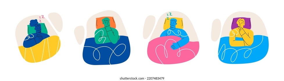 Conjunto de personas diferentes durmiendo en una cama cómoda. Dormir o tener insomnio por la noche aislados durmiendo gente descansando en el dormitorio. Ilustración vectorial colorida
