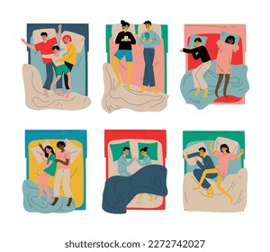 Conjunto de diferentes personas durmiendo y descansando en camas. Vista desde arriba de parejas dormidas y familias ilustración vectorial de dibujos animados