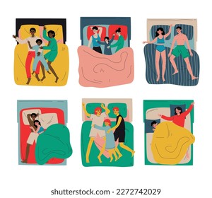 Set of different people sleeping and resting in beds. View from above of asleep families cartoon vector illustration