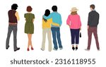 Set of different people standing full length rear view. Men, women, couple in casual clothes from behind, turned back. Characters backside. Vector realistic illustrations isolated on white background