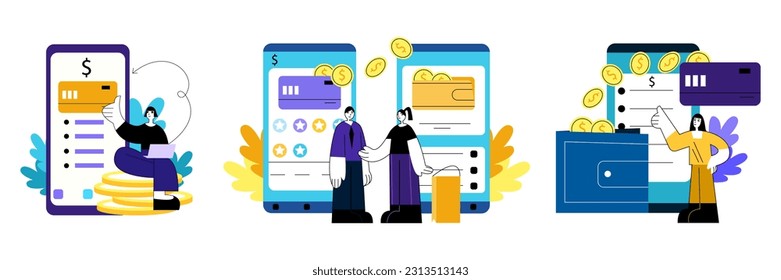 Set of different people standing near big mobile screen, manage web wallet and money. Online shopping and quick settlement in stores. Flat vector illustration in blue colors