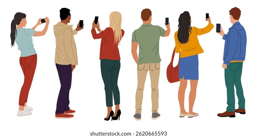Set of different people standing rear view and tacking picture with their cell phones. Colorful flat vector illustration isolated on white background 