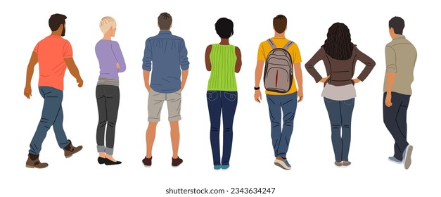 Set of different People Standing and walking Back View. Male and Female cartoon Characters Wearing casual street fashion Clothes Rear View vector illustration Isolated on White Background