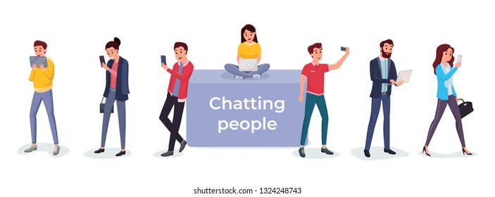 Set of different people surfing internet using modern laptops tablets and smartphone vector illustration. Social media concept. Isolated on white background
