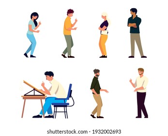 set different people talking and working at desk, teamwork vector illustration