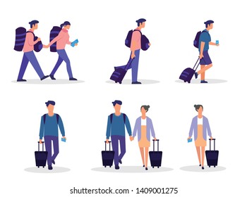 Set Different people travel on summer vacation. Happy positive men and women celebrating victory and rejoicing together. to travel. Flat style vector illustration isolated on white background