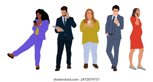 Set of different people using gadgets. Business men and women holding smartphones and tablet, texting, talking, watching news. Group of male, female cartoon characters Vector realistic illustrations.