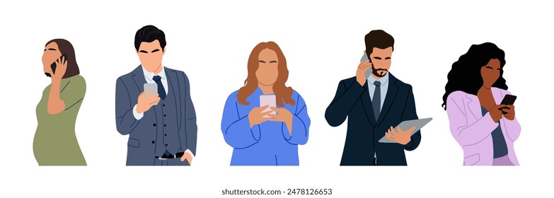 Set of different people using gadgets. Business men and women holding smartphones and tablet, texting, talking, watching news. Group of male, female cartoon characters Vector realistic illustrations.