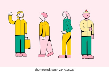 Conjunto de personas diferentes en diferentes poses. Ilustración minimalista de estilo plano en paleta de colores brillantes.