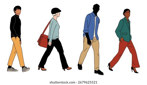 Conjunto de diferentes personas caminando dibujo de contorno de color. Grupo de gente de negocios caminando por la ciudad. Ciudadanos casuales cruza la carretera dibujado a mano Ilustración vectorial aislada