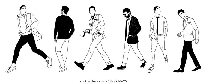 Set of different people walking line art drawing. Group of business men in formal and smart casual outfit hand drawn vector illustration isolated on white background