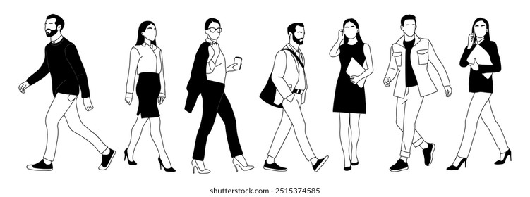 Conjunto de diferentes personas caminando línea de dibujo de arte. Grupo de hombres de negocios, mujeres en traje formal, atuendo casual inteligente con teléfono, dibujos de Vector de contorno de taza de café aislados sobre fondo blanco.