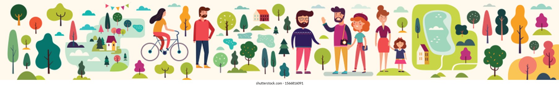 Set of different people walking in the Park. Family on a walk