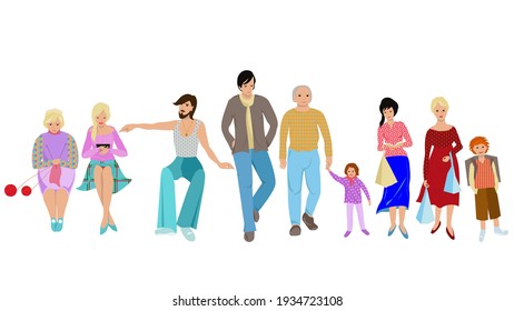 Set of different people wearing colorful clothes. Seated women and a man. Child, schoolboy. The woman knits a scarf. The women are walking from the store. Men for a walk. Colored flat vector. Isolated