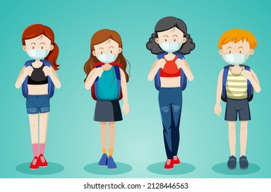Set of different people wearing mask  illustration
