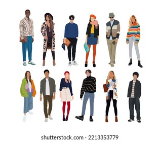 Grupo de personas diferentes usando ropa elegante casual. Hombres y mujeres de moda en la moda callejera ropa de moda de otoño o primavera. Caricatura de personajes femeninos y masculinos ilustraciones vectoriales realistas. 