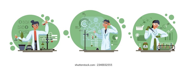 Set of different people in white uniform working in laboratory. Women doing research with test tubes. Production of substances in laboratory. Flat vector illustration in green colors