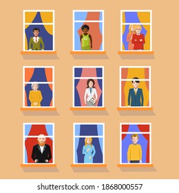 Conjunto de personas diferentes en ventanas que se quedan en casa con fondo amarillo brillante