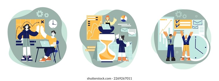 Set of different people working and managing their time. Cartoon characters planning schedule. Productivity and efficiency in business. Successful cooperation with colleagues. Vector