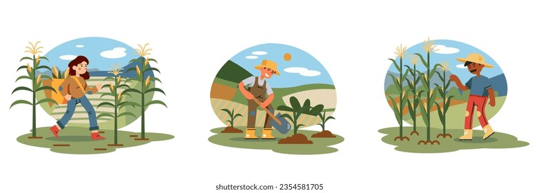 Grupo de personas diferentes trabajando en plantaciones. Joven lleva una bolsa con maíz. Agricultores sosteniendo palas y cavando tierra, plantando maíz brotando. Hombre revisando la planta de maíz. Ilustración plana del vector