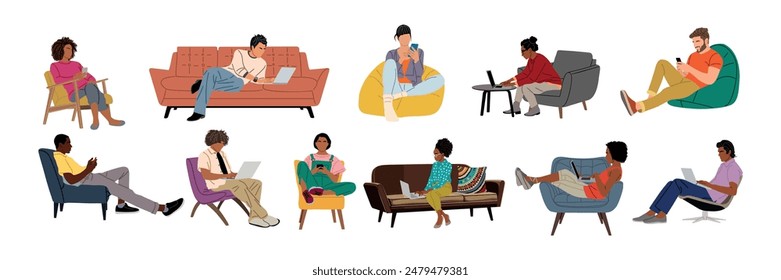 Set of different people working on laptop, using phone, sitting on armchair, sofa. Freelance, Online, distant, remote, hybrid work, learning concept. Vector illustrations on white background.