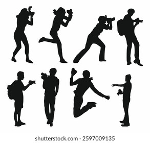 Set of different people,men and women standing with camera, taking photo. Professional photographers, creative occupation. Flat vector black silhouettes isolated on white background