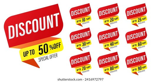 Set of Different percent discount sticker  Red and yellow. 10 to 90 percent off price. Design for offer, clearance, emblems, special offer tag element, flat, banners, Vector and Illustration.