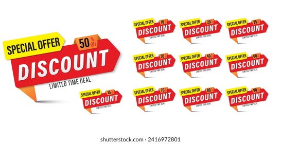 Set of Different percent discount sticker  Red and yellow. 10 to 90 percent off price. Design for offer, clearance, emblems, special offer tag element, flat, banners, Vector and Illustration.
