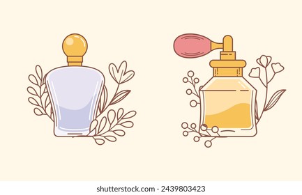 Conjunto de diferentes botellas de perfume con ingredientes