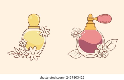 Conjunto de diferentes botellas de perfume con ingredientes