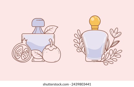 Set of different perfume bottles with ingredients