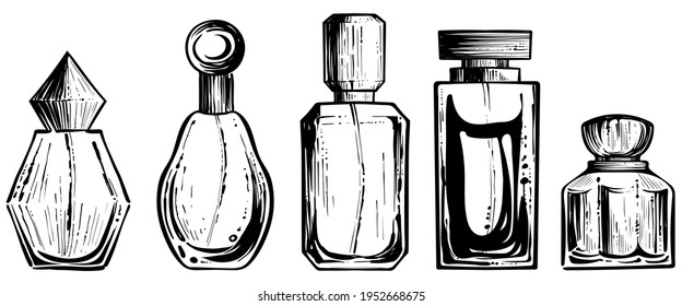 Set of different perfume bottles, monochrome vector svg