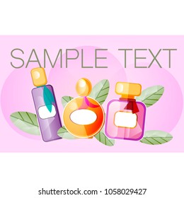 Set of different perfume with leaves, pink clouds background. Place for the text above it and on the bottles.