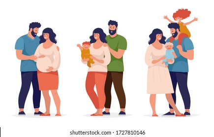 Conjunto de diferentes periodos en la relación de una pareja, embarazo, recién nacido, gran familia feliz. Padres con hijos. Mamá y papá abrazan a sus hijos, hijos e hijas. Vector de dibujos animados planos