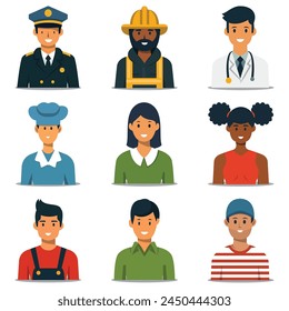 Set different person portrait avatar icon set, police, worker, doctor, nurse, student, man