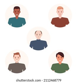 Setze ein anderes Personenporträt von einem großen, vielfältigen Geschäftsteam, Vektorgrafik. Sammlung von Menschen Avatare einzeln. Fülle von fröhlichen lächelnden Kollegen. Männliche Gesichter im runden Rahmen