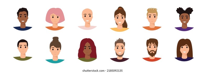 Establecer un retrato de persona diferente de gran diversidad de la ilustración plana vectorial del equipo de negocios. Colección de avatares de personas aisladas. Conjunto de colegas alegres y sonrientes. Caras de hombre y mujer en el marco redondo