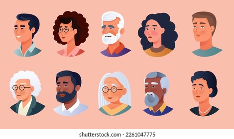 Set different person portrait of big diverse business team vector flat illustration. Collection of people avatars isolated. Bundle of joyful smiling colleagues. Man and woman faces at round frame
