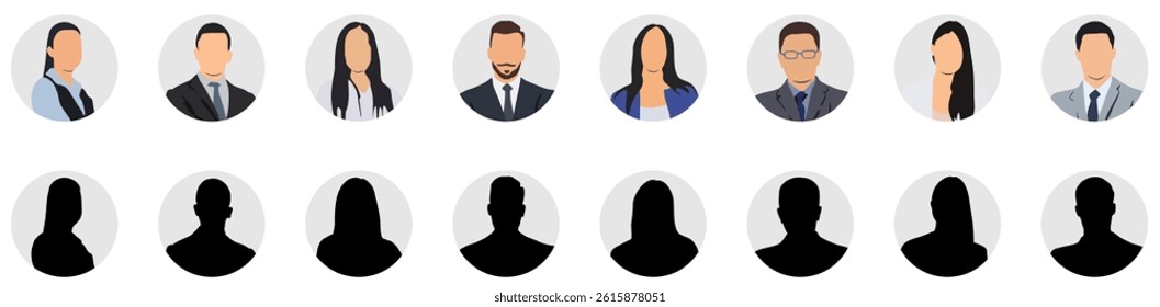 Set different person portrait of big diverse business team vector flat illustration. Collection of people avatars isolated.