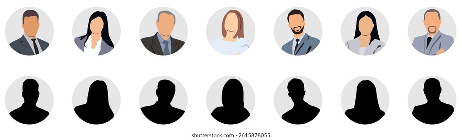 Set different person portrait of big diverse business team vector flat illustration. Collection of people avatars isolated.