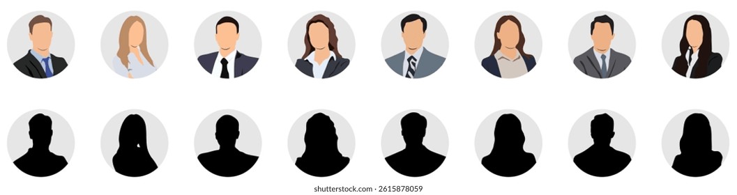 Set different person portrait of big diverse business team vector flat illustration. Collection of people avatars isolated.