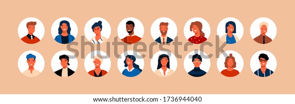 Set different person portrait of big diverse\
business team vector flat illustration. Collection of people\
avatars isolated. Bundle of joyful smiling colleagues. Man and\
woman faces at round frame