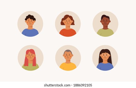 Set von verschiedenen Personen-Portrait. Sammlung von Menschen Avatare einzeln. Viele Kollegen. Vektorgrafik von jungen männlichen, weiblichen Gesichtern und Schultern. Mann und Frau im runden Rahmen