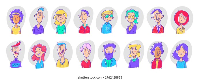 Establecer una imagen plana vectorial de diversos equipos de negocios con retrato de personas diferentes. Colección de avatares de personas aisladas. Conjunto de colegas alegres y sonrientes. Hombre y mujer enfrentan un marco redondo. Estilo de la caricatura