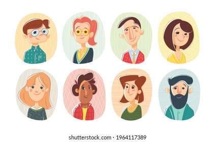 Set different person portrait diverse business team vector flat illustration. Collection of people avatars isolated. Bundle of joyful smiling colleagues. Man and woman faces round frame. Cartoon style