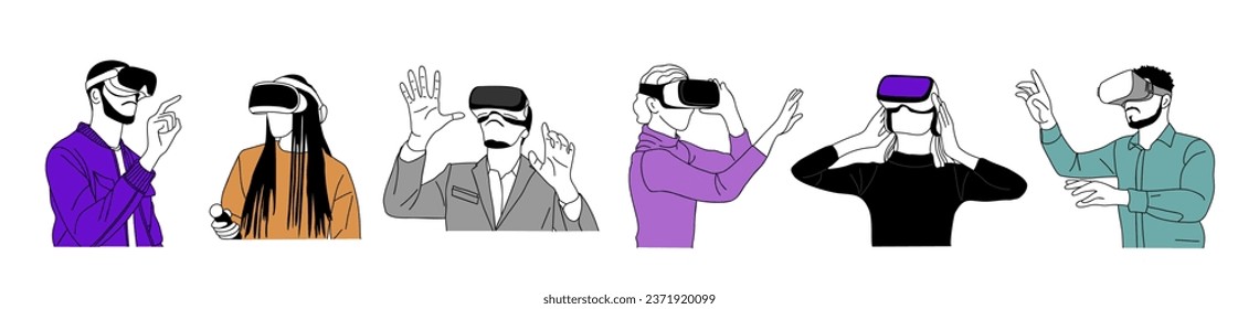 Set of different Person using VR headset vector.